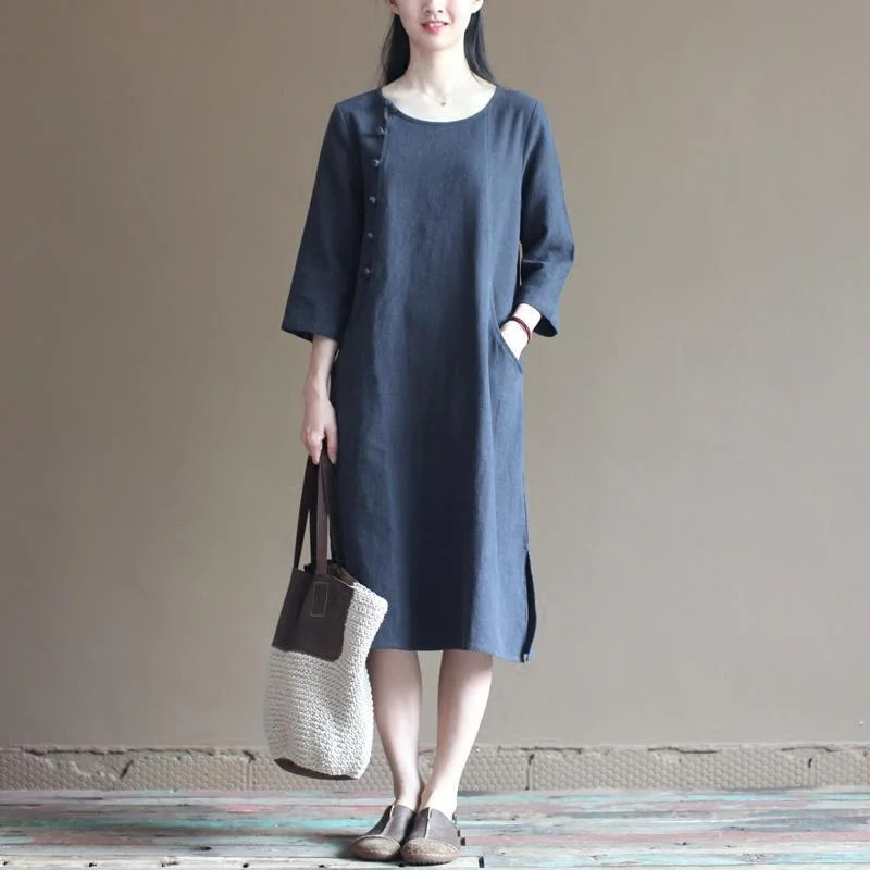 half sleeve navy linen dress summer spring maxi dresses casual style Trendy Printed Maxi Dress