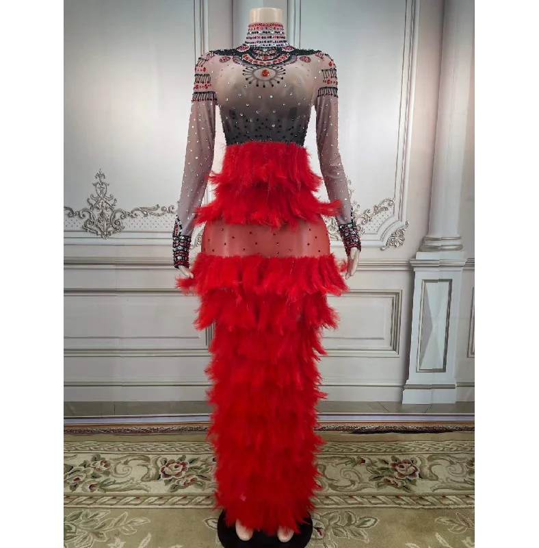 Hot Style Women Clothing Rhinestone Mesh Dress Crystal Performance Wear Turtleneck Long Sleeve Feather Women Maxi Dress Elegant Velvet Maxi Dress