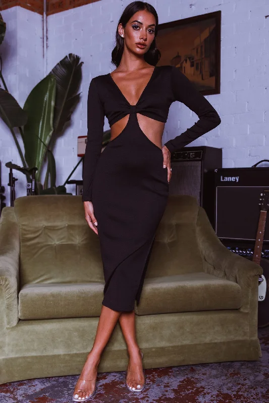 Acapulco Long Sleeve Cut-Out Waist Side Split Midi Dress Black Comfortable Ruched Midi Dress