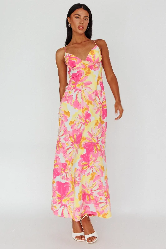 Alora Tie-Up Back Maxi Dress Flower Pink Stylish One-Shoulder Maxi Dress