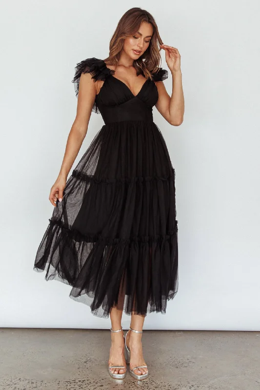 Amal Ruffle Shoulder Tulle Midi Dress Black Cozy A-Line Midi Dress