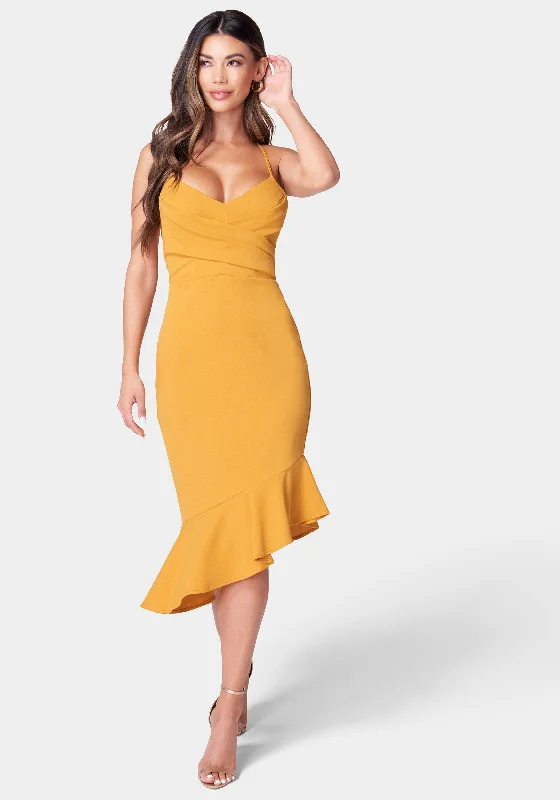 Angled Flounce Midi Dress Trendy Ruched Side Midi Dress