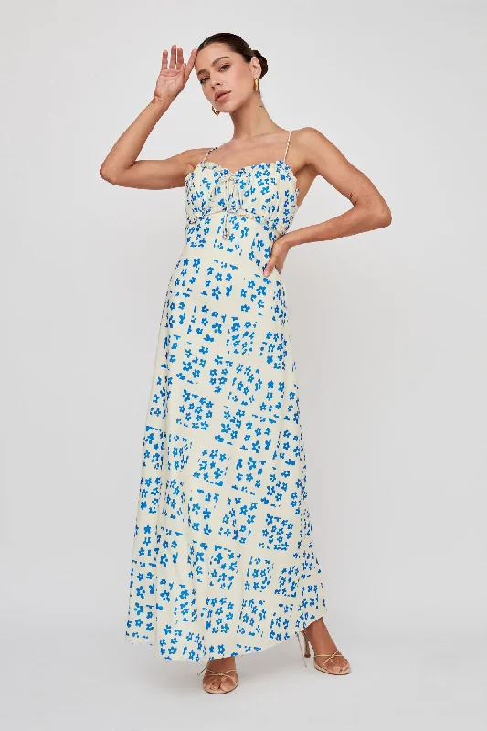 Anja Frill Trim Maxi Dress Print Cream Blue Fashionable Chiffon Tiered Maxi Dress