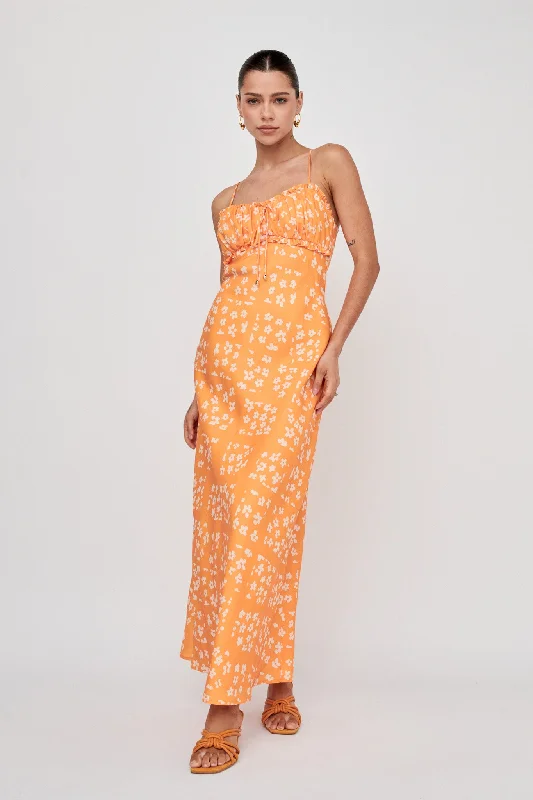 Anja Frill Trim Maxi Dress Print Orange White Casual Maxi Dress with Pockets