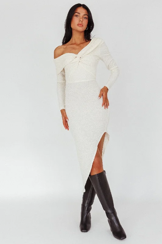 Annalora One-Shoulder Long Sleeve Midi Dress Cream Trendy Flared Sleeve Midi Dress