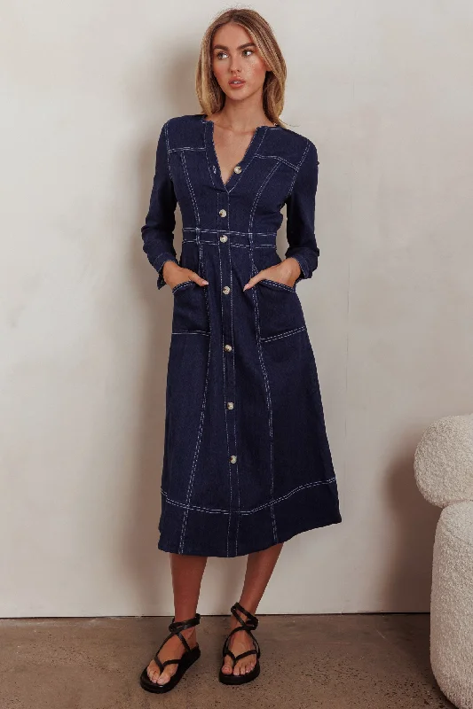 Aspen Love Front Pocket Long Sleeve Midi Dress Indigo Comfortable Lace-Up Midi Dress