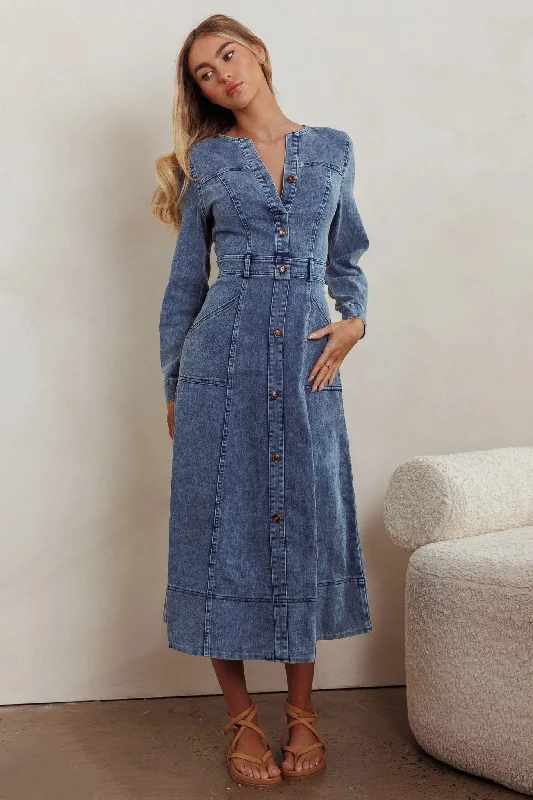 Aspen Love Front Pocket Midi Dress Denim Blue Fashionable High-Low Midi Dress