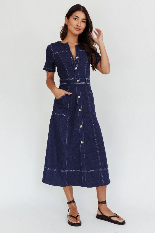 Aspen Love Front Pocket Midi Dress Indigo Comfortable Short Sleeve Midi Dress