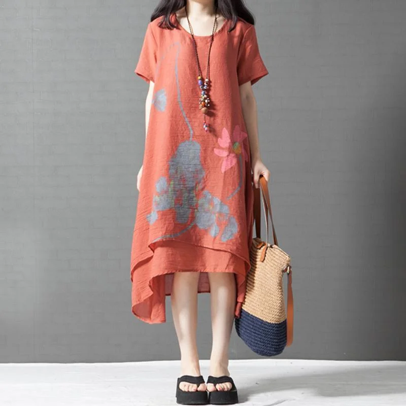 Baggy Orange Asymmetric Hem Cotton Sundress Oversize Casual Dresses O Neck Maxi Dress Comfortable T-Shirt Maxi Dress