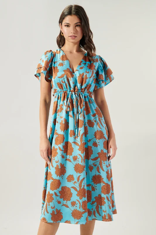 Belmont Floral Surplice Midi Dress Elegant Pleated Detail Midi Dress