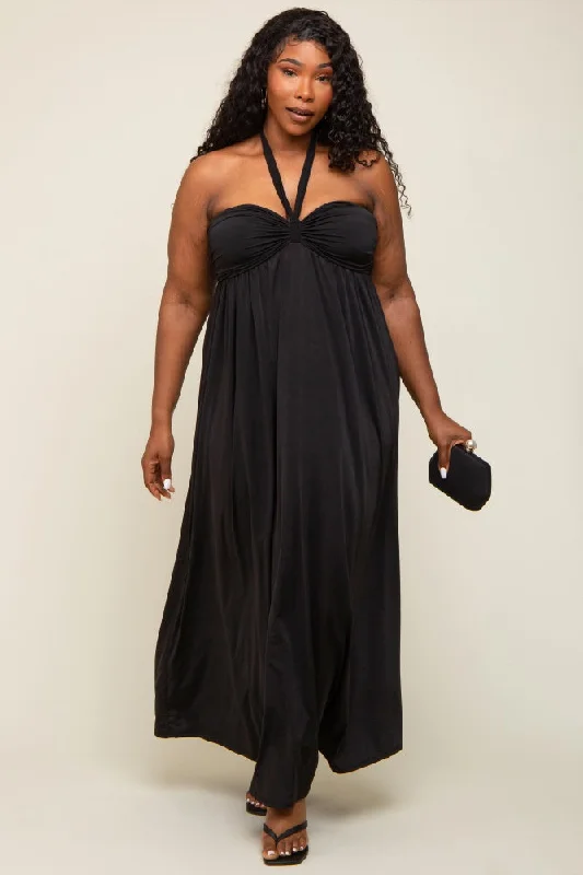 Black Front Knot Halter Plus Maxi Dress Chic Sleeveless Maxi Dress