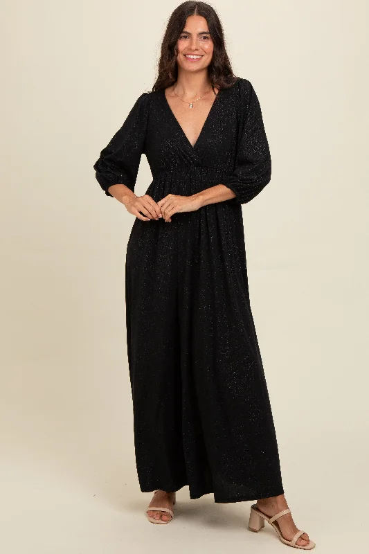 Black Glitter V-Neck Maxi Dress Trendy Maxi Dress with Bow