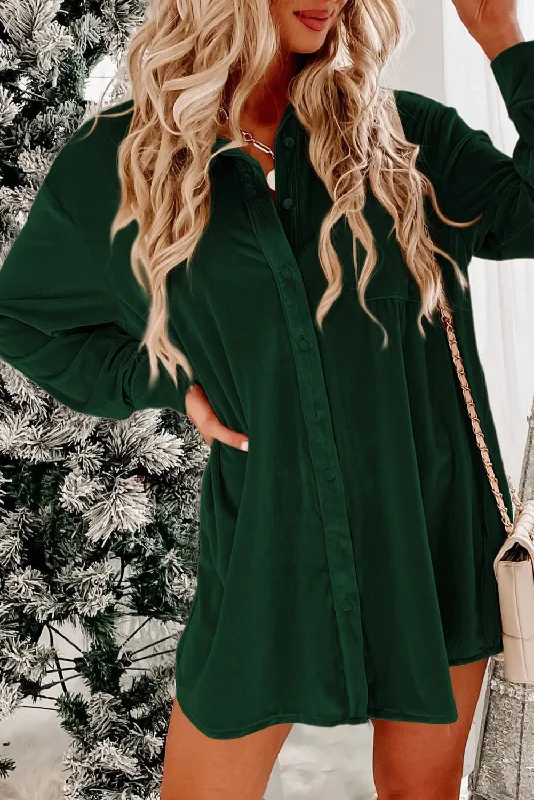 Blackish Green Velvet Button Front Shirt Long Sleeve Casual Mini Dress Classic Casual Mini Dress