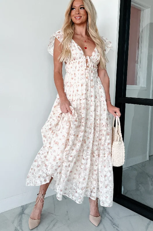 Blissful Nature Floral Maxi Dress (Cream/Peach) Elegant Maxi Dress with Belt