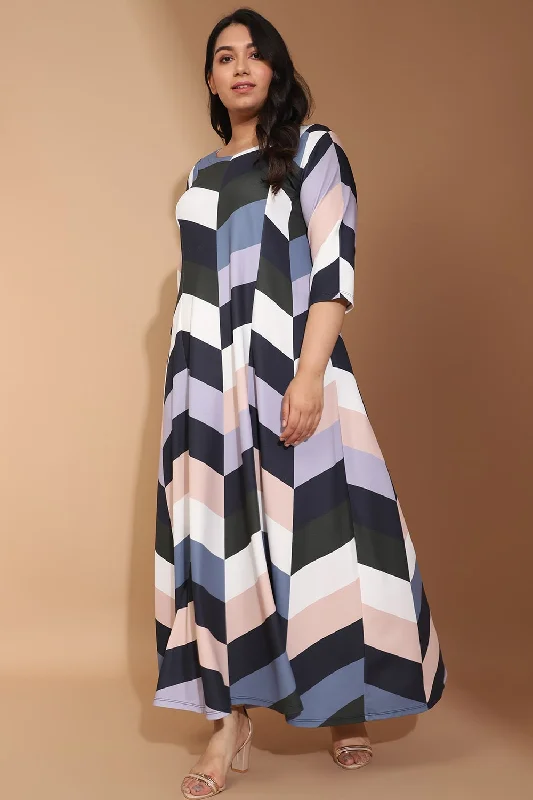 Blue Chevron Play Printed Maxi Dress Fashionable Sleeveless Maxi Dress