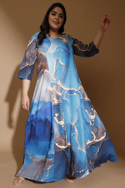 Golddust Printed Blue Plus Size Maxi Dress Fashionable Printed Maxi Dress