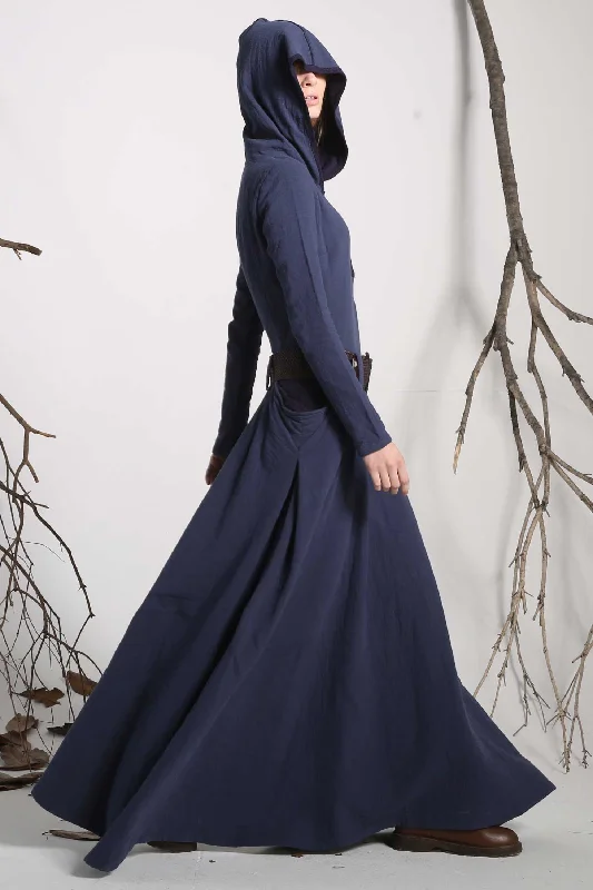 Blue hooded linen maxi dress for women 1140# Elegant Maxi Dress with Belt