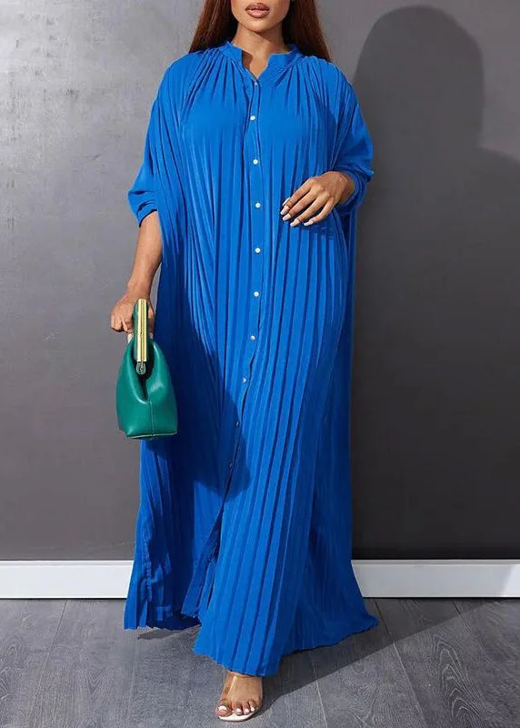 Blue O-Neck Button Vacation Maxi Dresses Long Sleeve VB1037 Elegant Pleated Maxi Dress