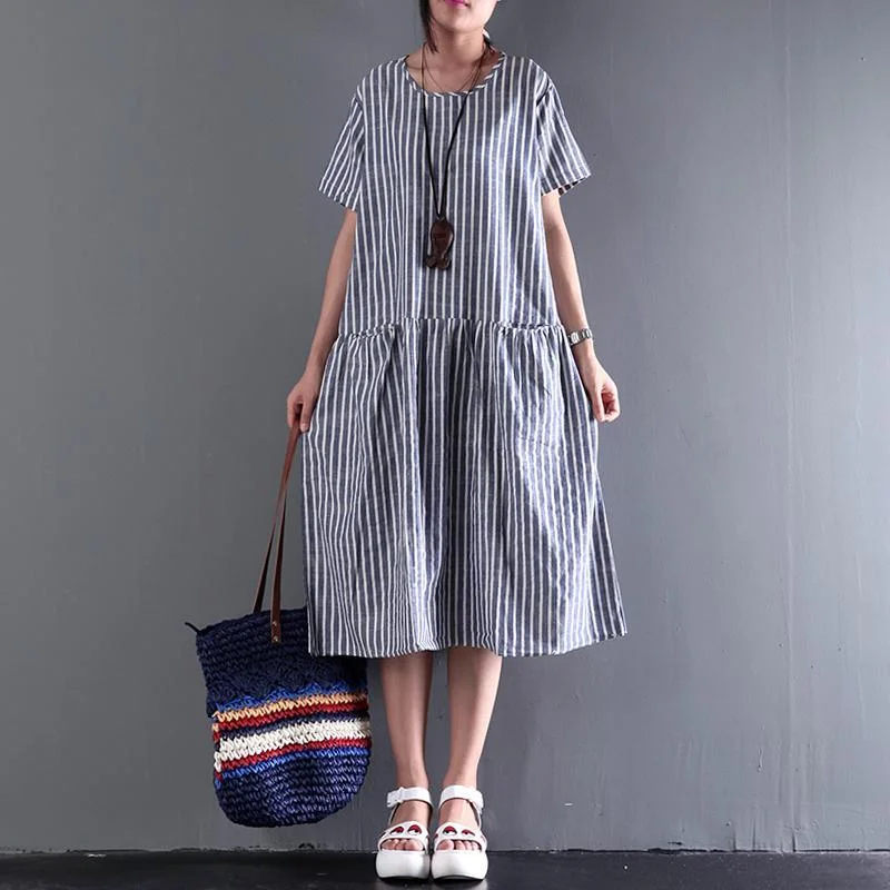 Blue Summer Dress Strips Flatering Fine Linen Sundress Women Casual Maxi Dress Stylish Button-Up Maxi Dress