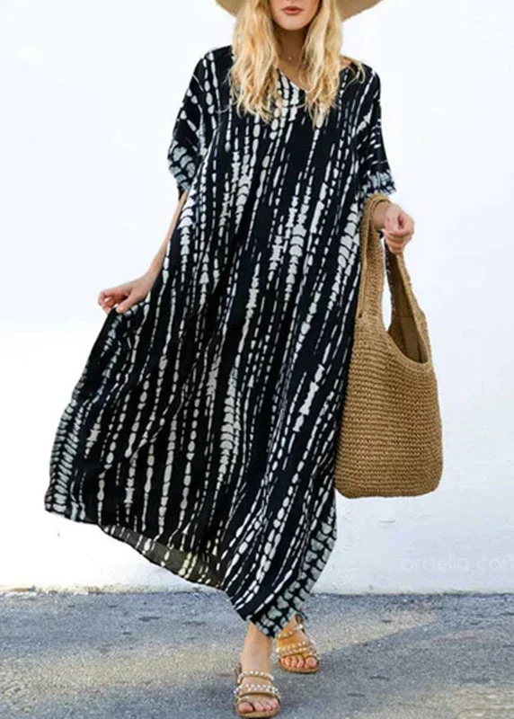 Boho Black O-Neck Striped Side Open Maxi Dresses Short Sleeve VB1035 Comfortable Flowy Maxi Dress