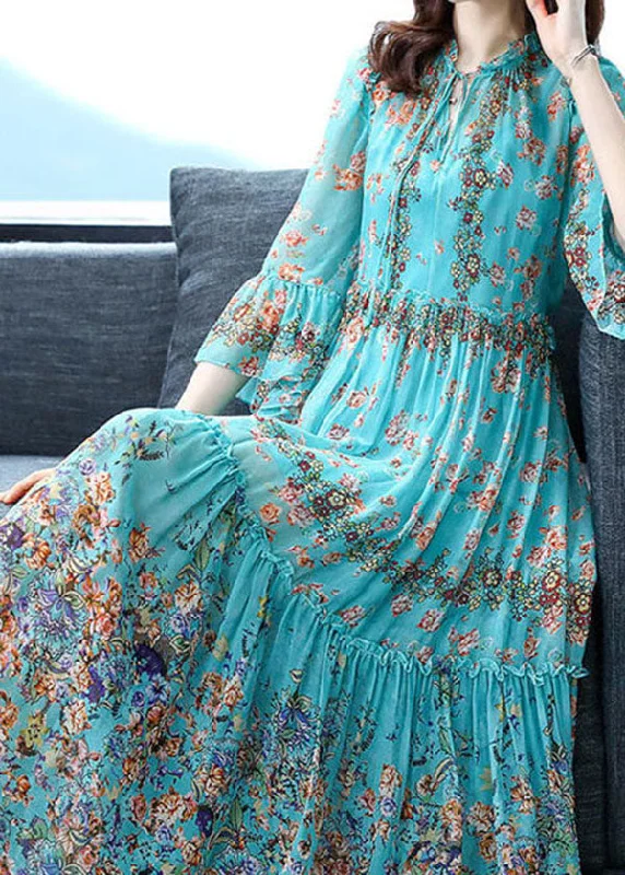 Boho Blue Ruffled Patchwork Print Silk Maxi Dress Flare Sleeve Chic Summer Floral Maxi Dress