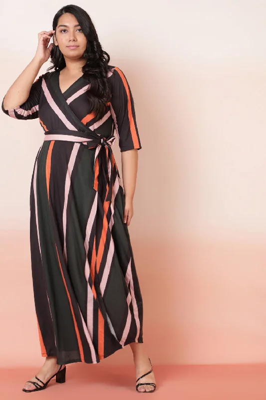 Bold Stripes True Wrap Maxi Dress Cozy Knitted Maxi Dress