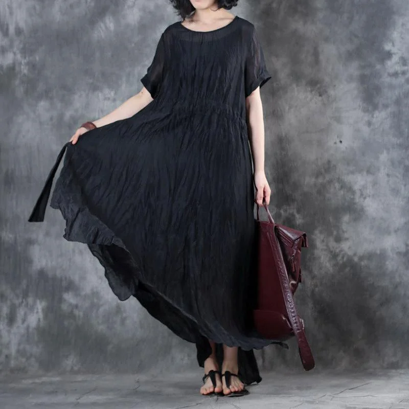 Boutique Black Long Linen Dresses Oversize Side Open Linen Clothing Dresses New Short Sleeve Maxi Dresses Trendy Short Sleeve Maxi Dress