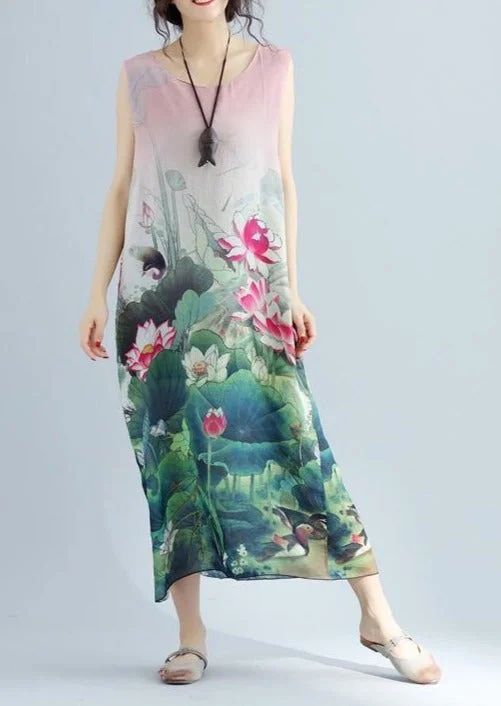 Boutique Pink Floral Cotton Dresses Casual Sleeveless Cotton Maxi Dress Fashionable Open-Back Maxi Dress