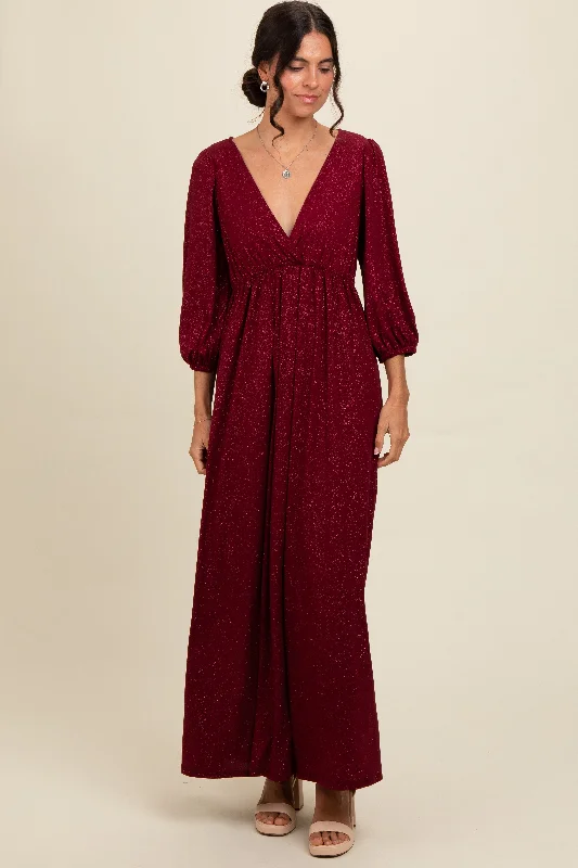 Burgundy Glitter V-Neck Maxi Dress Cozy Longline Maxi Dress