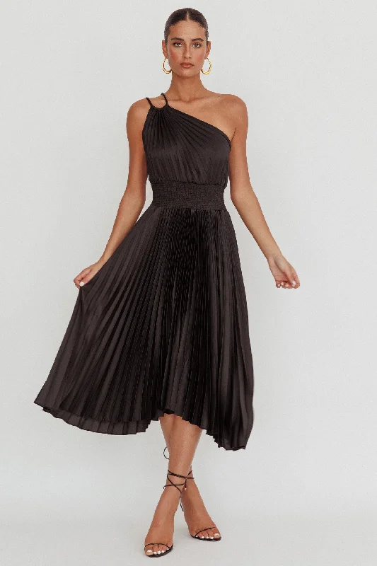 Calissa One Shoulder Pleated Midi Dress Black Trendy Fit-and-Flare Midi Dress