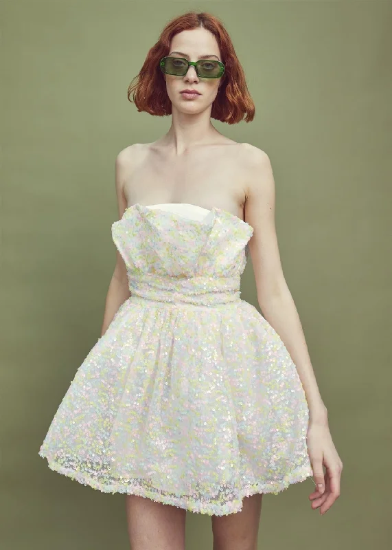 Callie Gathered Bandeau Mini Dress  -Pastel Mix-Sequin Stylish Ruffle Mini Dress