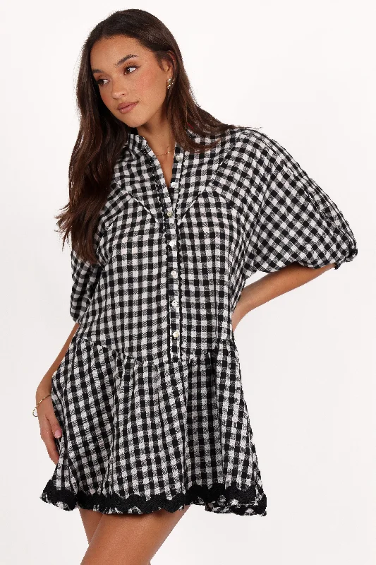 Carolina Mini Dress - Black/White Gingham Cozy Ruched Mini Dress