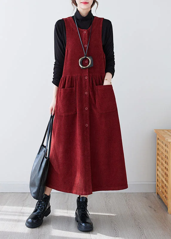 Casual Red O-Neck Patchwork Pockets Corduroy Maxi Dress Winter Trendy A-Line Maxi Dress