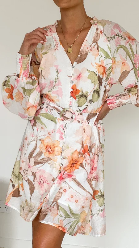 Cataleya Mini Dress - Peach Floral Trendy A-Line Mini Dress