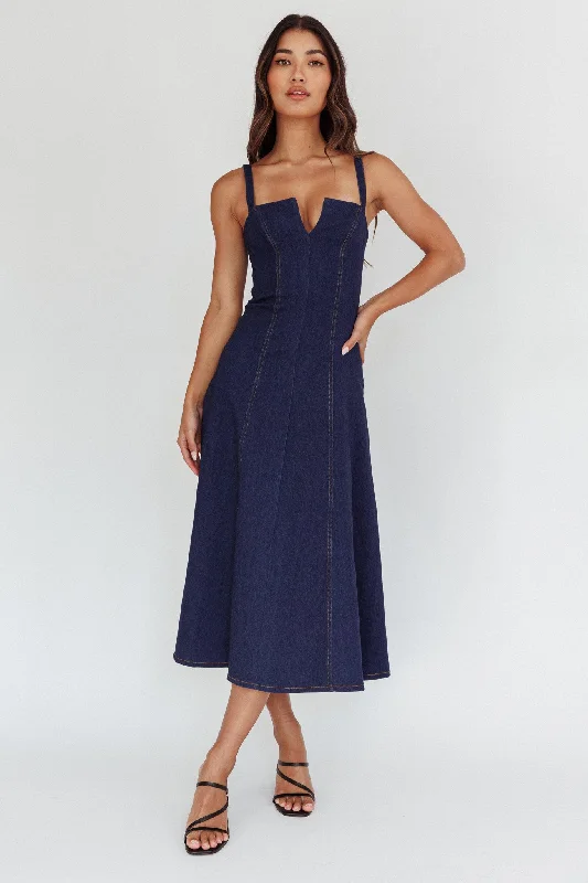 Catch My Drift A-Line Midi Dress Dark Blue Trendy Bodycon Midi Dress