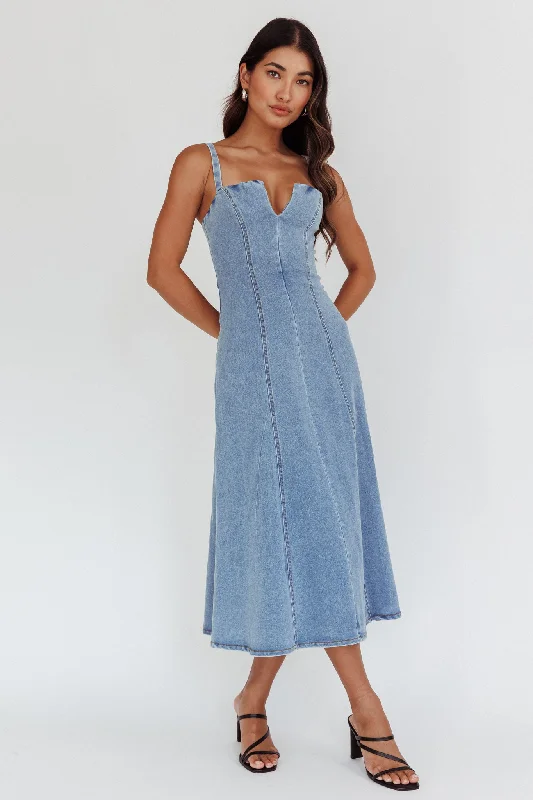 Catch My Drift A-Line Midi Dress Denim Blue Trendy Fit-and-Flare Midi Dress