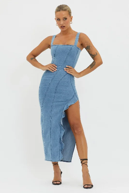 Catriona Ruffle Split Midi Dress Denim Comfortable Empire Waist Midi Dress