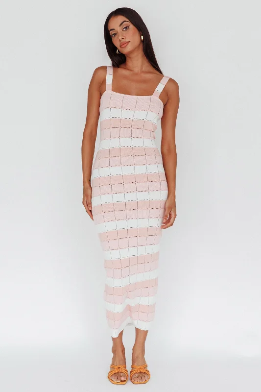 Chase The Sunrise Knit Midi Dress Striped Pink Trendy Off-Shoulder Ruffle Midi Dress