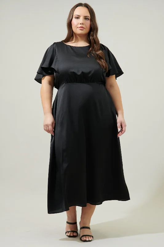 Chateau Satin Allegria Flutter Sleeve Midi Dress Curve Comfortable Stretch Midi Dress