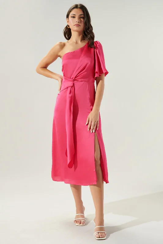 Chateau Satin One Shoulder Twist Front Midi Dress Trendy Ruffled Sleeve Midi Dress