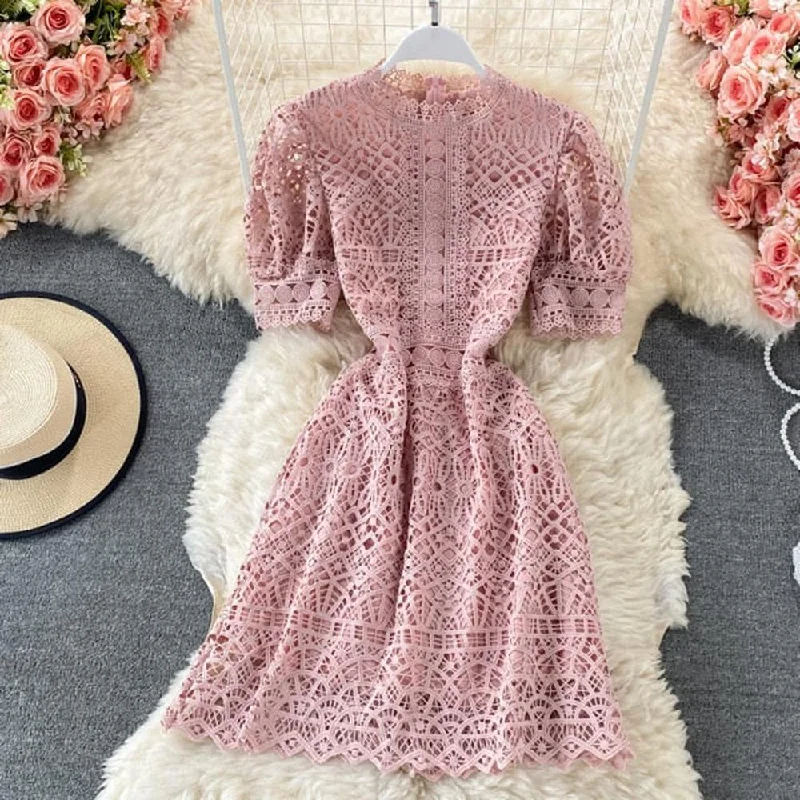 Chic Pink O-neck Hollow Out Lace High Waist Puff Sleeve Mini Dress AR1010 Fashionable Boho-Chic Mini Dress