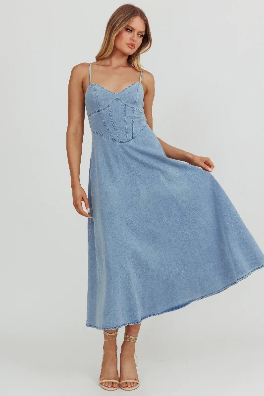 Comet A-Line Midi Dress Light Denim Trendy Mock Neck Midi Dress