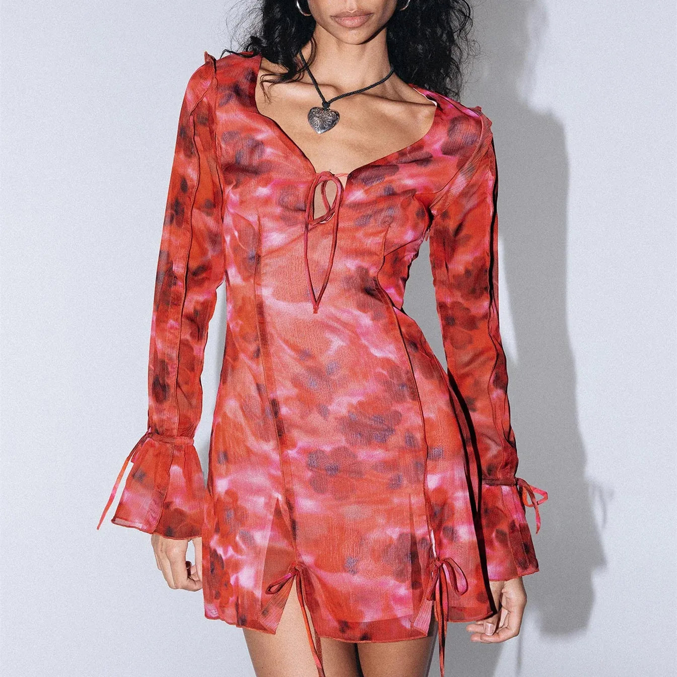 Floral Print Casual Long Sleeve V Neck Tie-up Front Split Hem Club Mini Dress Comfortable Linen Mini Dress