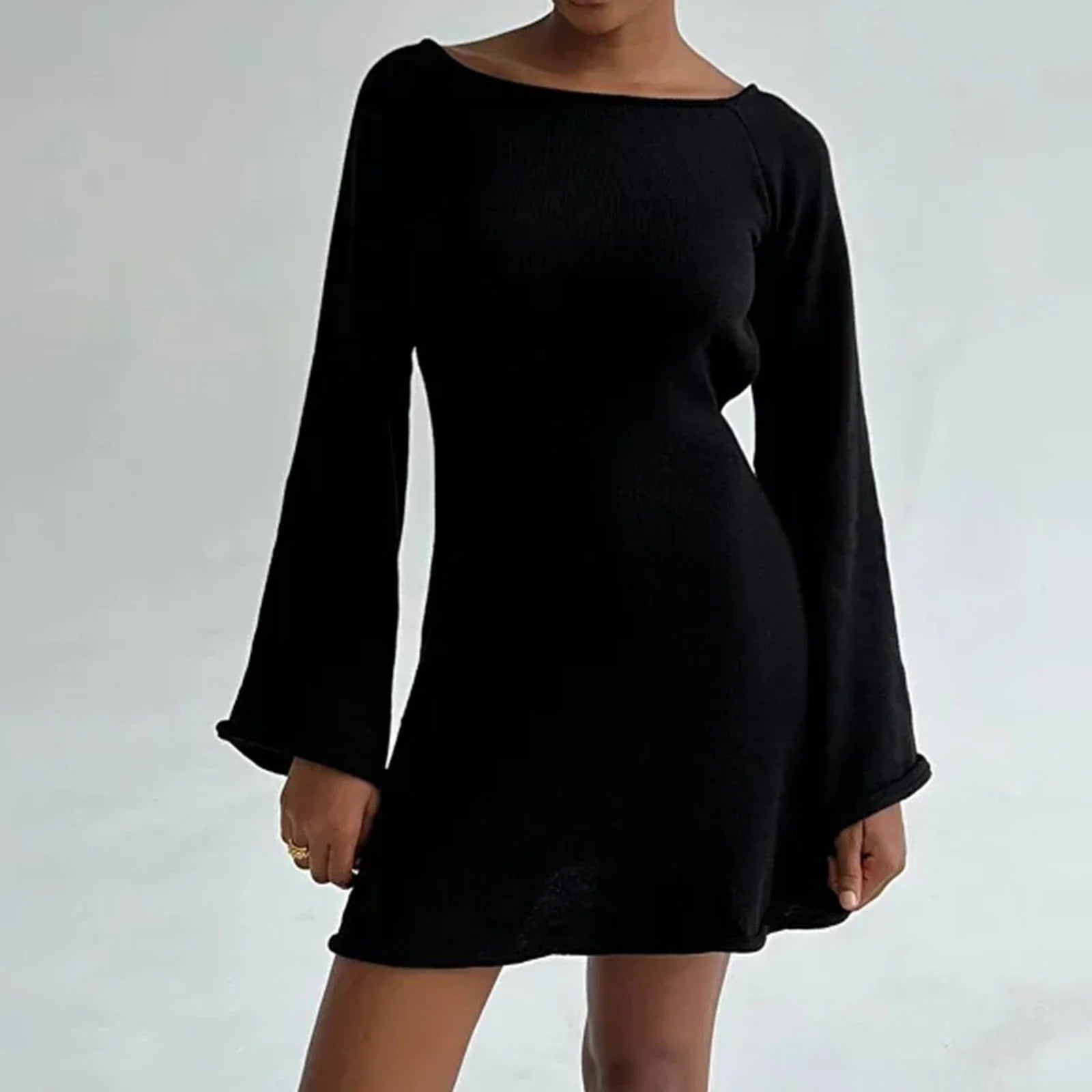 Women Knitted Casual Solid Color Backless Long Sleeve Party Streetwear Mini Dress Fashionable Off-Shoulder Mini Dress