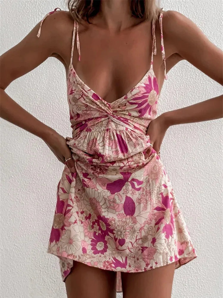 Floral Boho Pink Flower Print Bohemian Beach Style Ruffled Backless Mini Dress Elegant Mini Dress with Pleats