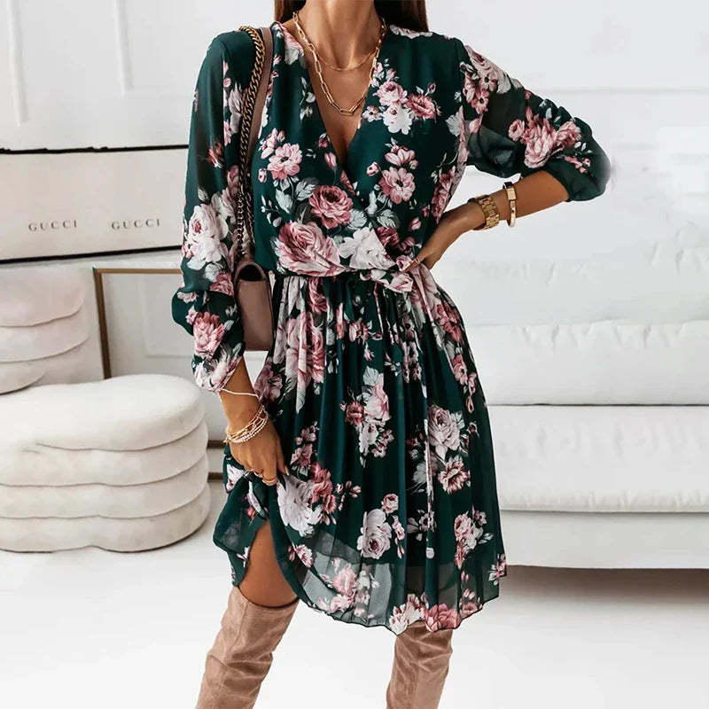 Chiffon Sleeve Floral Print 2024 Autumn Casual Deep V Neck Pleated Office Mini Dress Stylish Ribbed Mini Dress