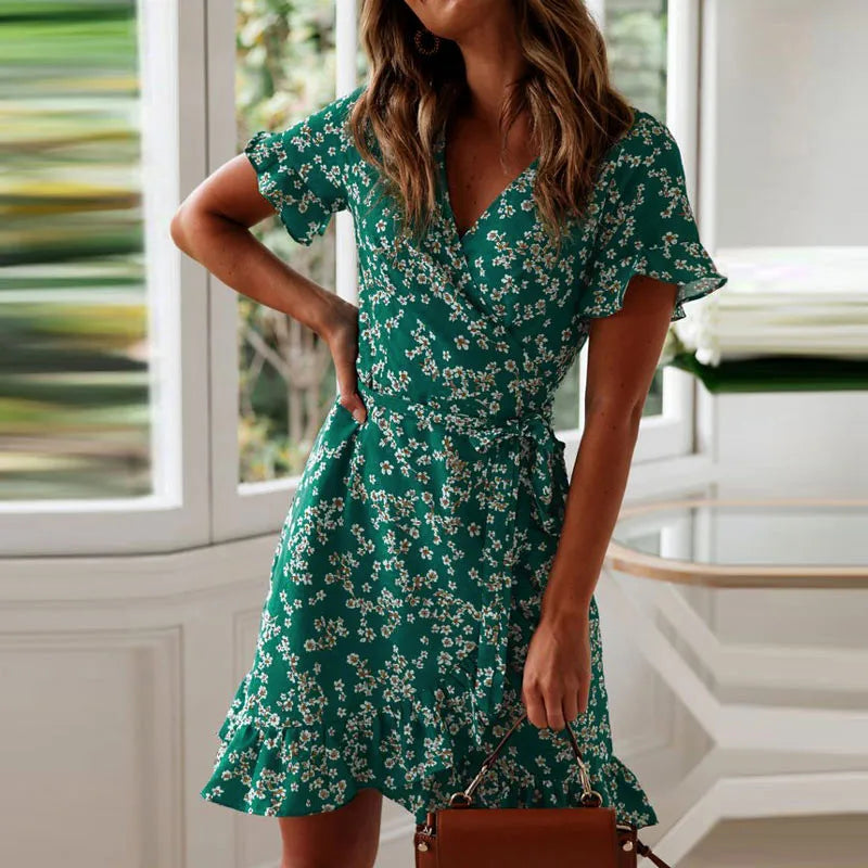 Boho Floral Print 2024 Summer Sexy V Neck Short Sleeve A Line Chiffon Beach Vacation Mini Dress Fashionable Button-Front Mini Dress