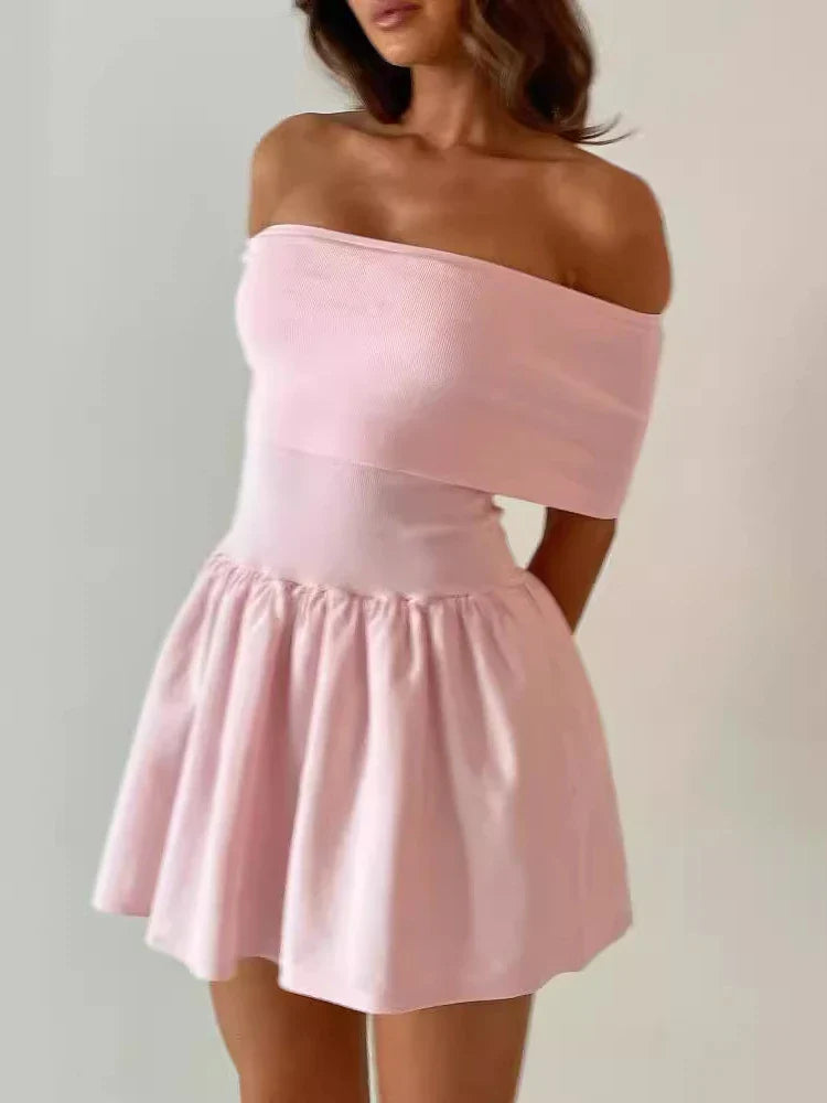 Off Shoulder Knit Summer Strapless Pink Draped Wedding Party Mini Dress Fashionable Summer Mini Dress