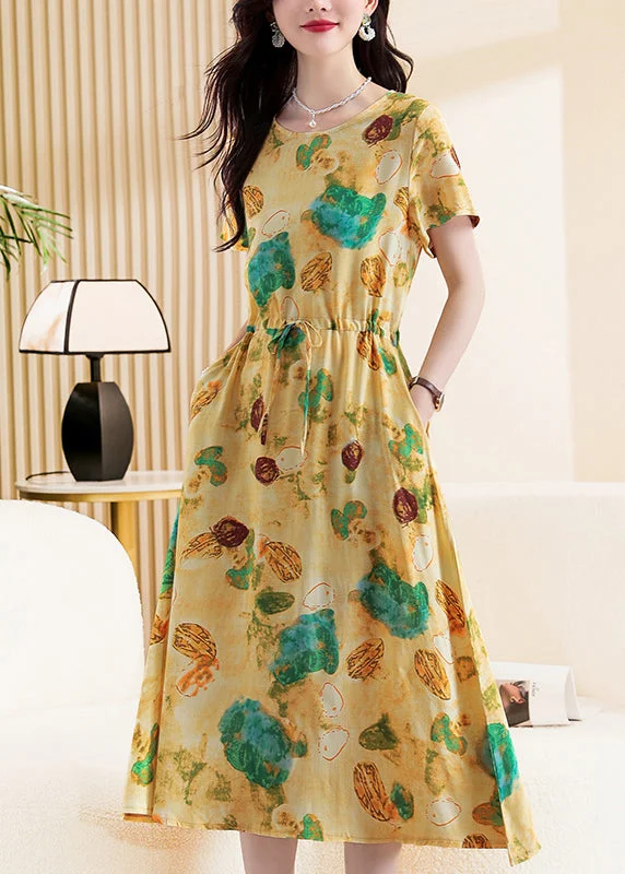 Cute Yellow Print Tie Waist Maxi Dresses Short Sleeve VB1019 Cozy Wrap Maxi Dress