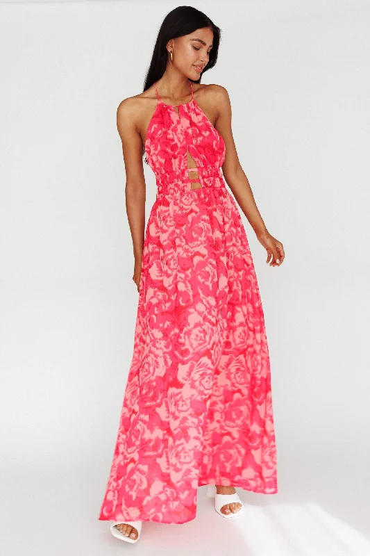 Cyndi Open Back Halterneck Maxi Dress Floral Pink Stylish Boho Maxi Dress